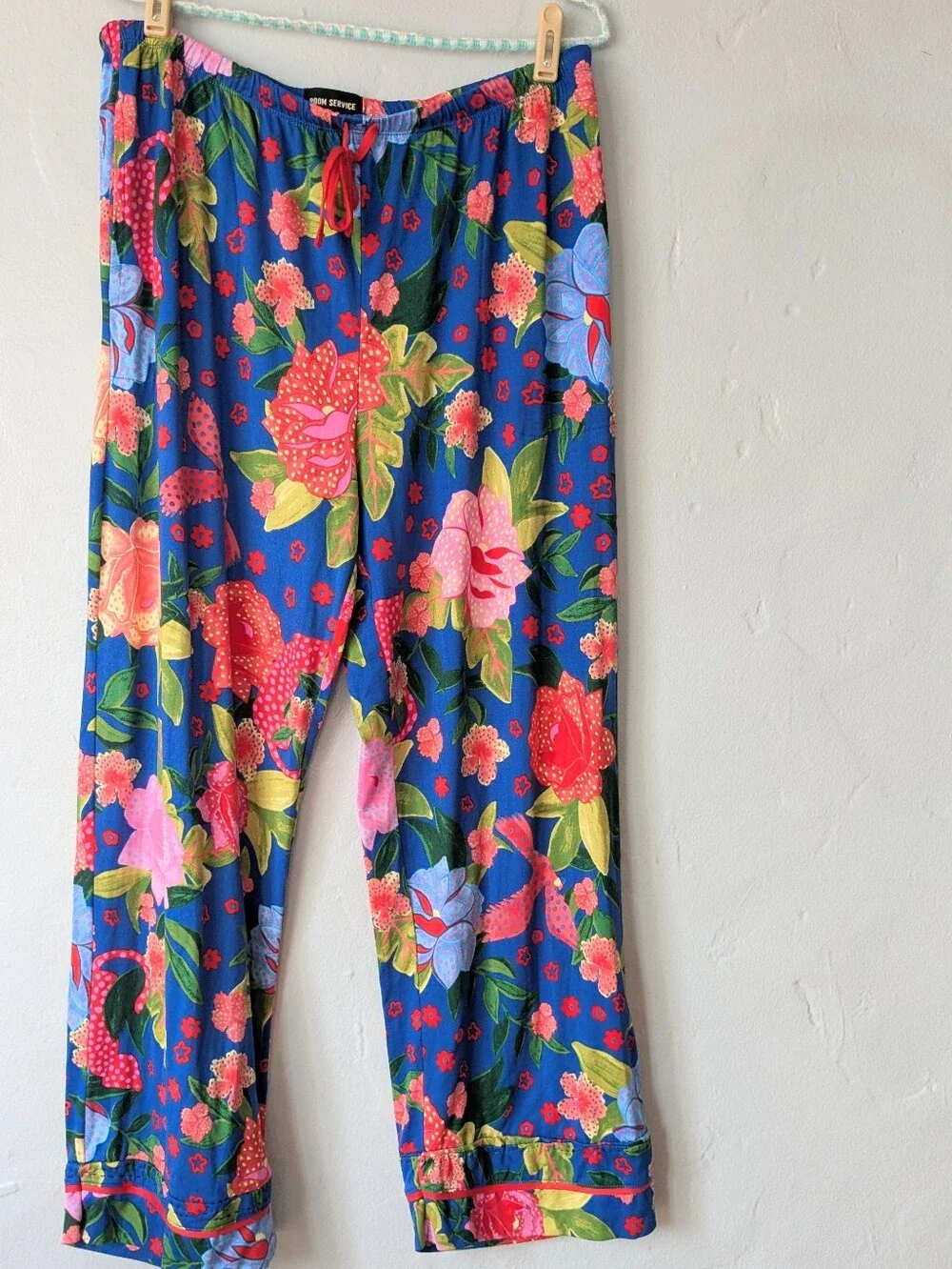 Room Service Floral Pajama Set Button Down Top Pants Blue Red L/G